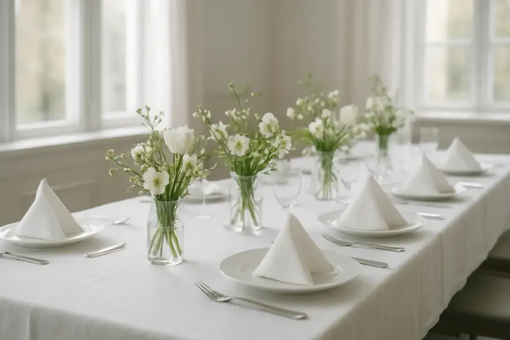 Langt festbord dækket til familiefrokost om foråret med hvid dug og forårsblomster
