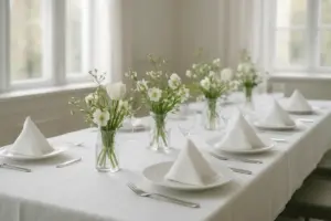Langt festbord dækket til familiefrokost om foråret med hvid dug og forårsblomster