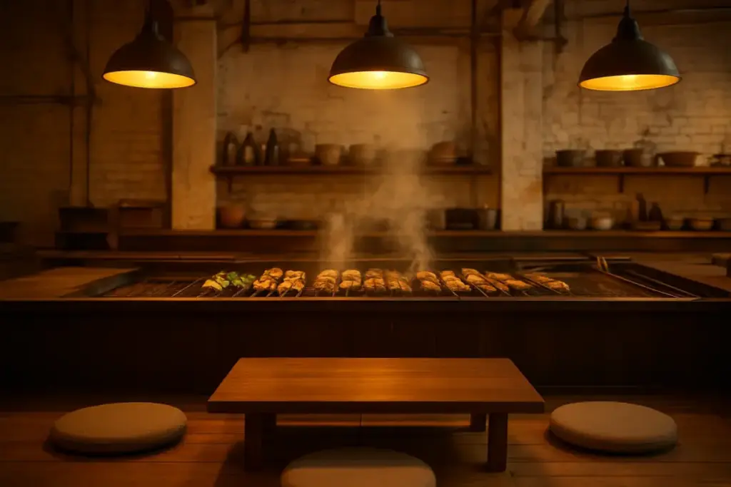 Grill med spyd og et lavt bord med gulvpuder i et varmt oplyst restaurantlokale