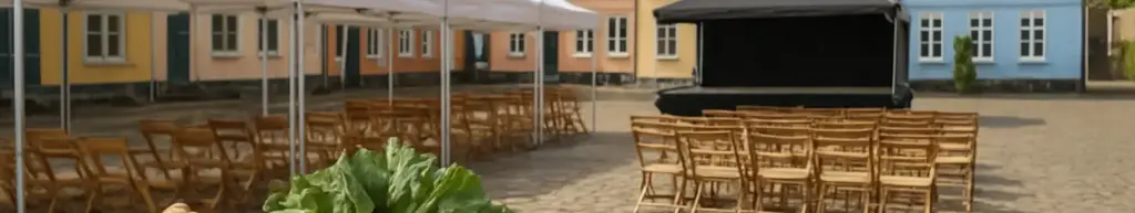 Markedstelte og råvarekasser på en bytorv til madfestival i maj