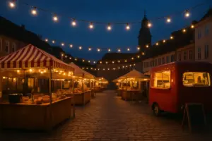 Madfestival med boder og lyskæder på en dansk plads