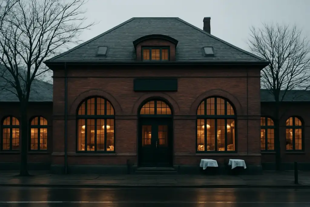 Den gamle stationsbygning på Solbjergvej på Frederiksberg set fra gaden en septemberaften, med høje buede vinduer og varmt lys indenfor.