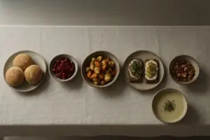 Langt træbord set oppefra med små fade af dansk sæsonmad på lyst linned