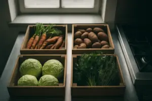 Trækasser med nyhøstede rodfrugter og krydderurter på et stålbord i et nordisk restaurantkøkken