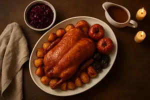 Helstegt and med sprød skorpe på et hvidt fad omgivet af brunede kartofler, rødkål, bagte æbler og svesker på et mørkt træbord med tændte lys.