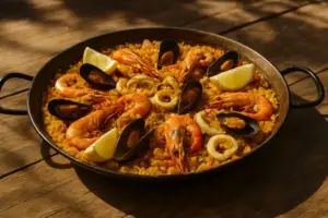Paellapande med safranris og skaldyr på et rustikt bord