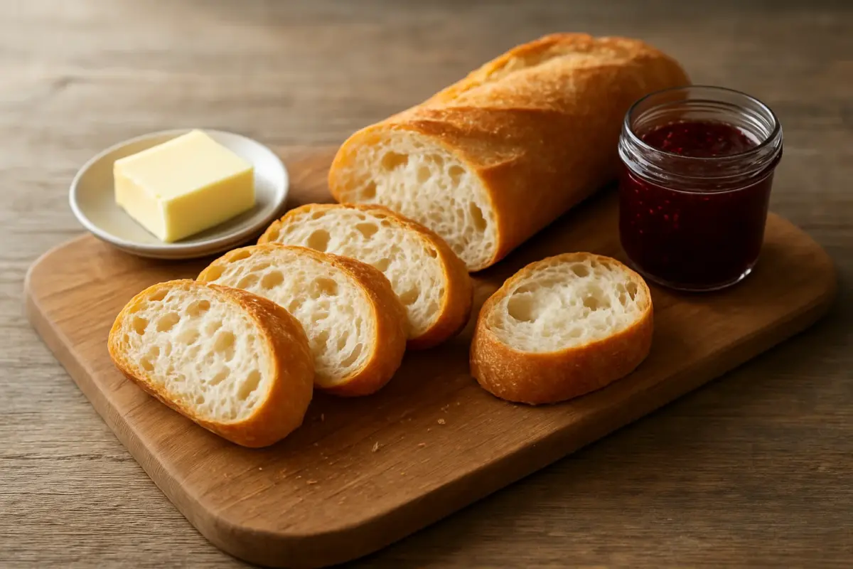 Opskåret baguette på et træbræt med smør og marmelade