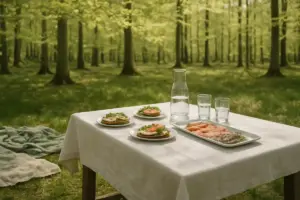Frokostbord dækket i en lysegrøn bøgeskov med smørrebrød og fiskefad