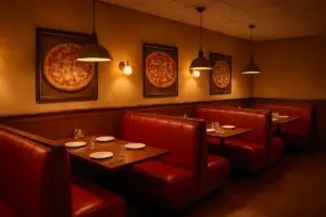 Pizzarestaurant med røde sofabænke og dækkede borde
