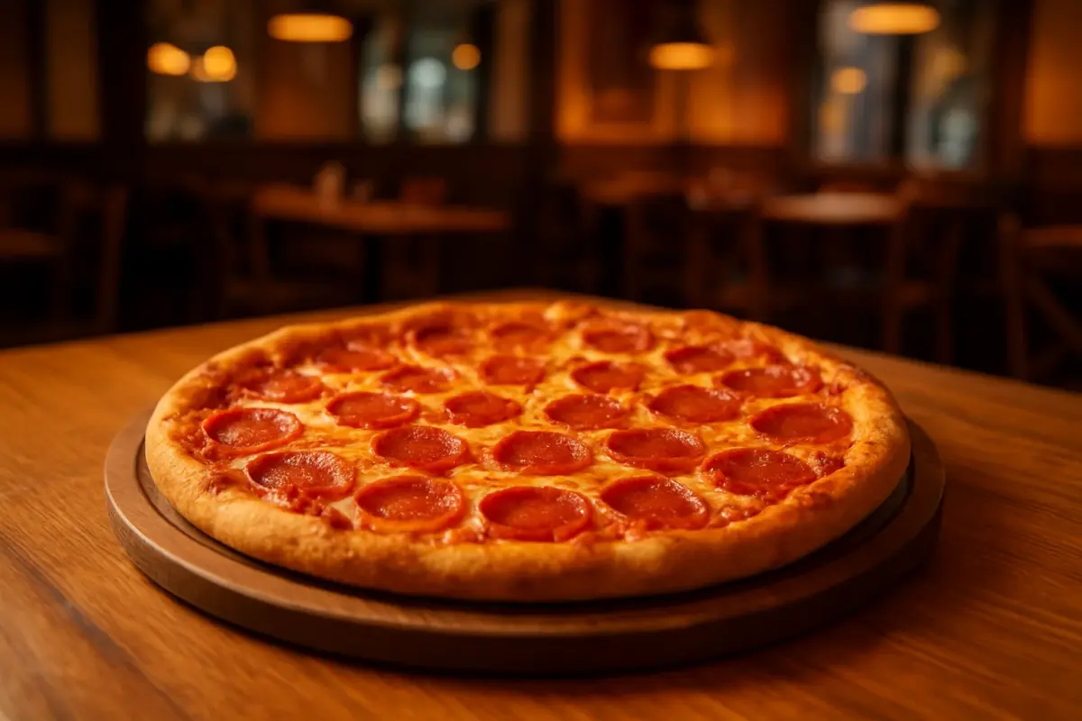 Pizza på et træbræt på et bord i en pizzarestaurant
