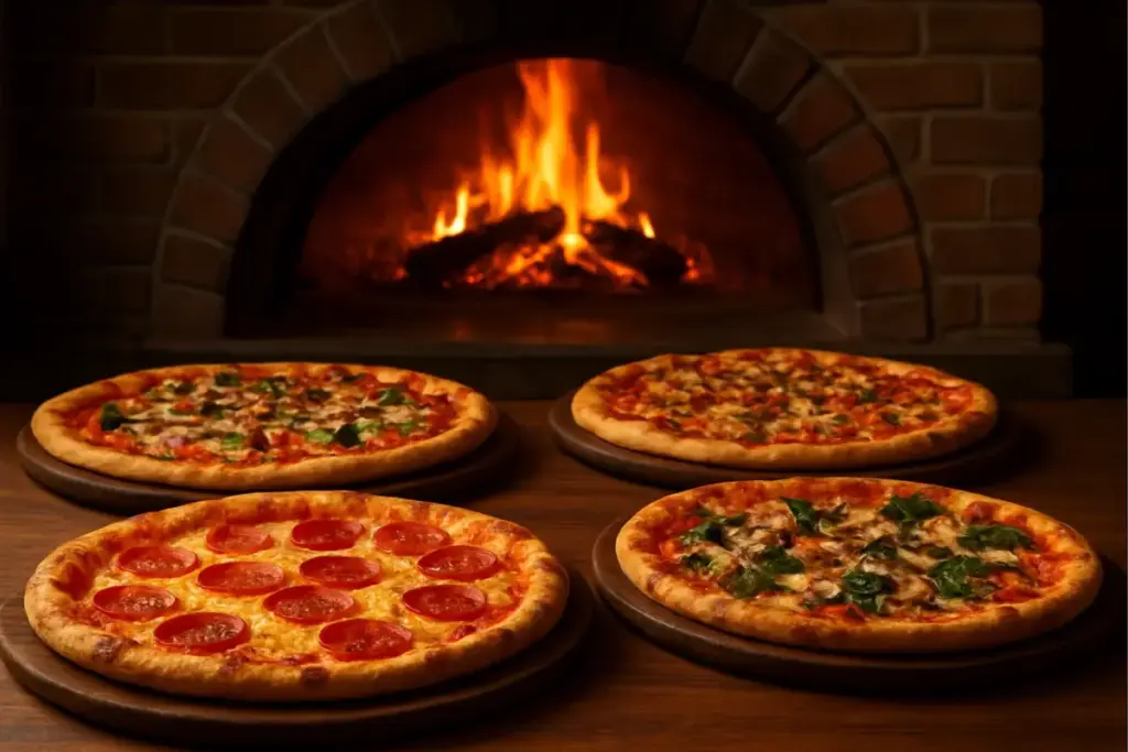 Flere pizzaer på et træbord i et pizzeria med brændeovn bagved