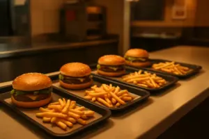 Fastfoodrestaurant med burgere og pommes frites på bakker
