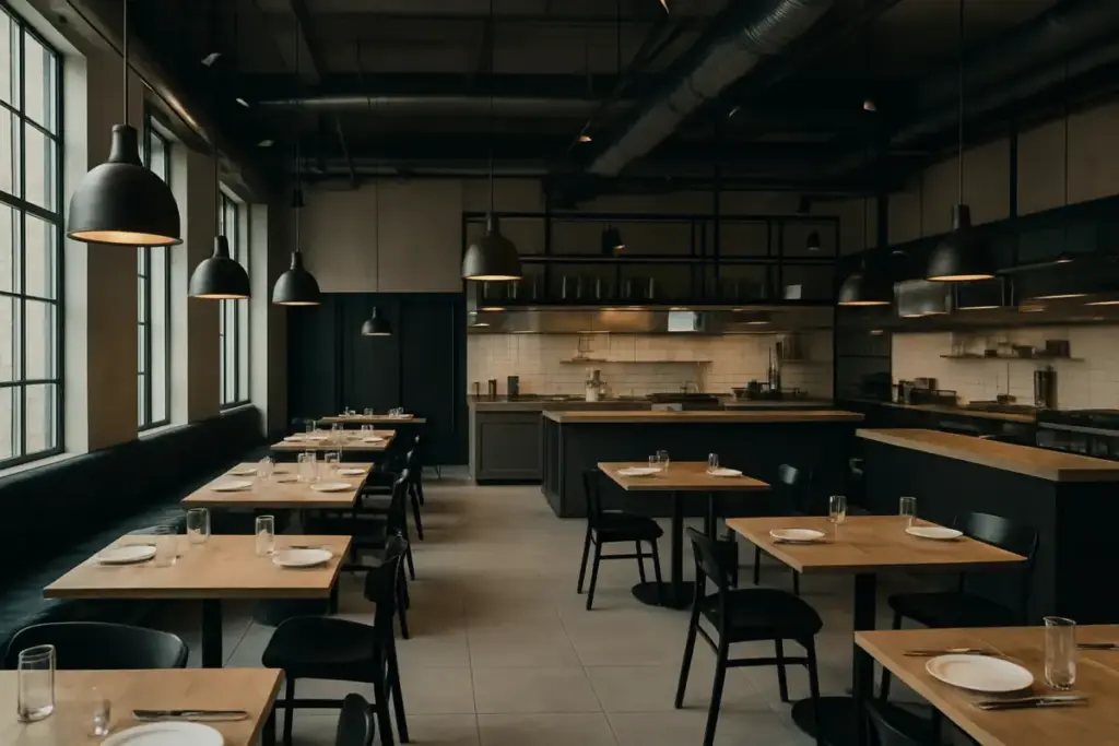 Moderne københavnsk restaurant med åbent køkken og høje lofter