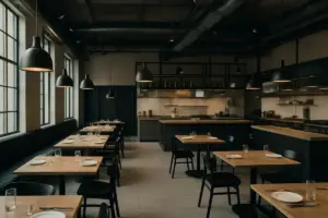 Moderne københavnsk restaurant med åbent køkken og høje lofter