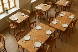 Dansk restaurantlokale set ovenfra med dækkede borde