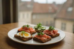 Smørrebrød på en tallerken ved et højt vindue i en restaurant