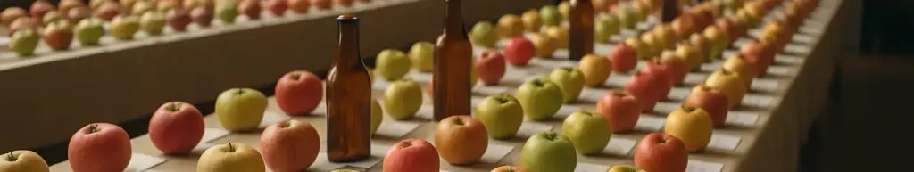 Lange borde med over hundrede forskellige æblesorter i rækker og flasker med cider ved siden af