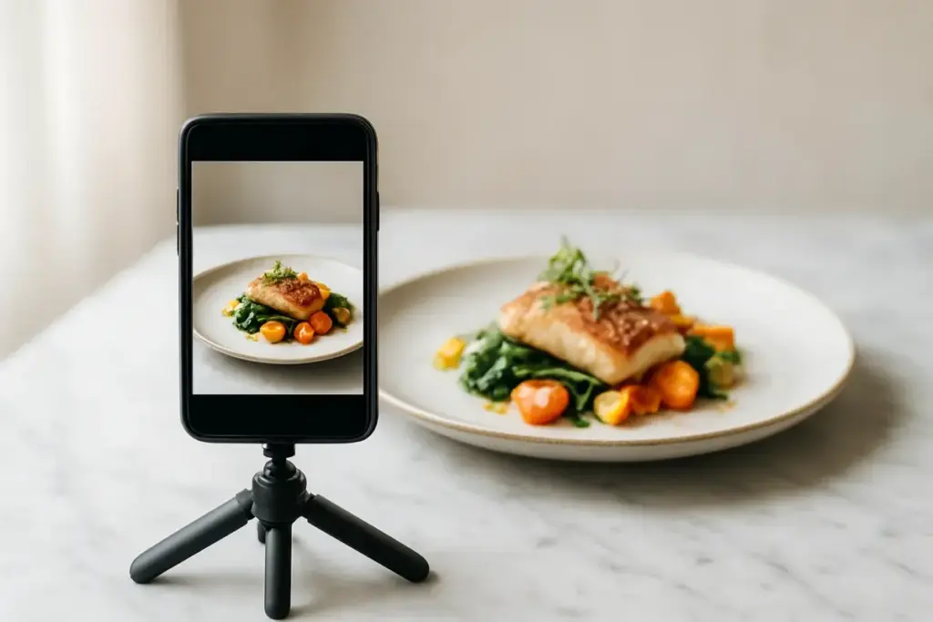Telefon på stativ, der fotograferer en anrettet ret