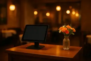 Receptionsdisk i en restaurant med en tablet og en lille vase