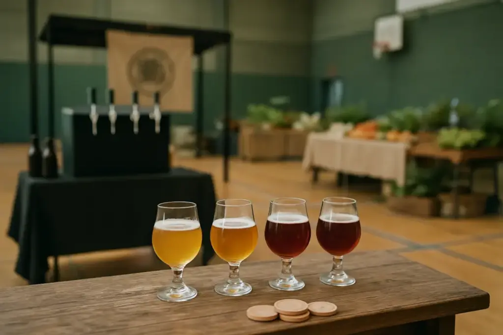 Smageglas og træpoletter foran bryggeristande og et område med lokale råvarer i en idrætshal