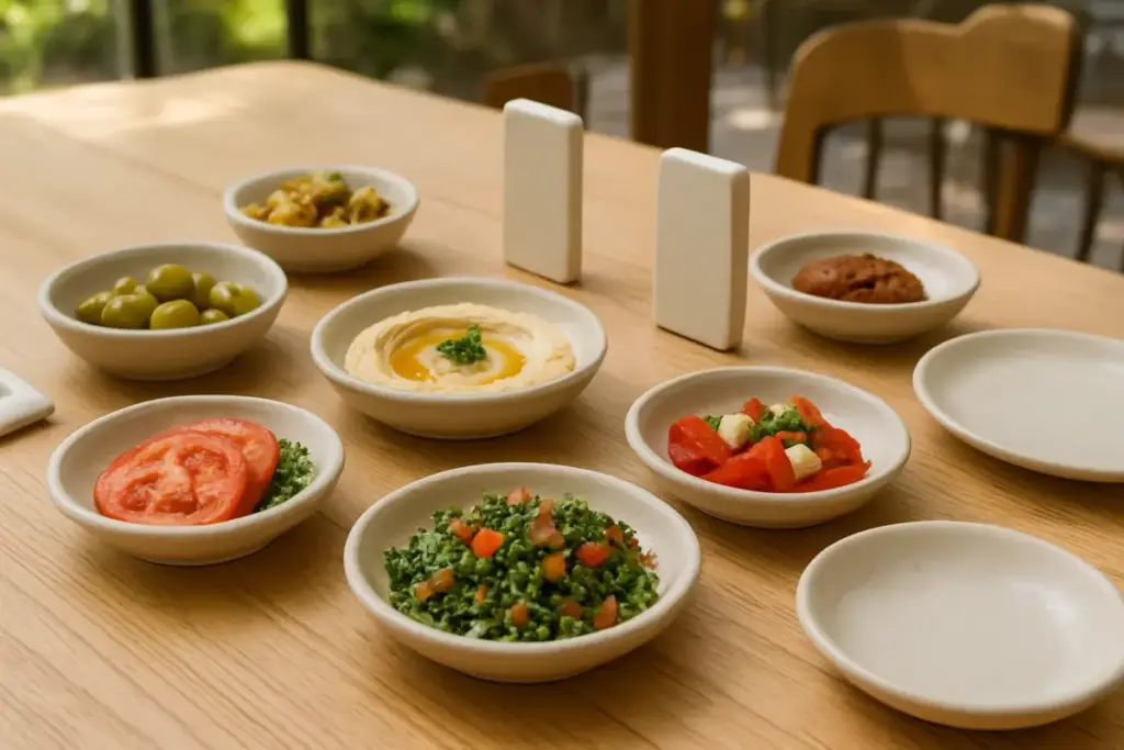 Restaurantbord med små retter og blanke bordmarkører