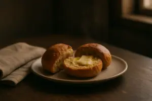 Varme hveder delt og smurt med smør på en lys tallerken i aftenlys