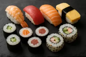 Udvalg af sushi, nigiri og maki på en mørk skiferplade