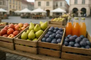 Kasser med æbler, pærer og blommer samt flasker med most på en stand til frugtfestival på torvet