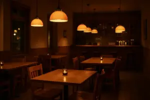 Dansk restaurant med træborde, bar og varm belysning