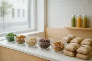 Salatbar med skåle af grøntsager, sandwich og juiceflasker bag en lys takeaway-disk