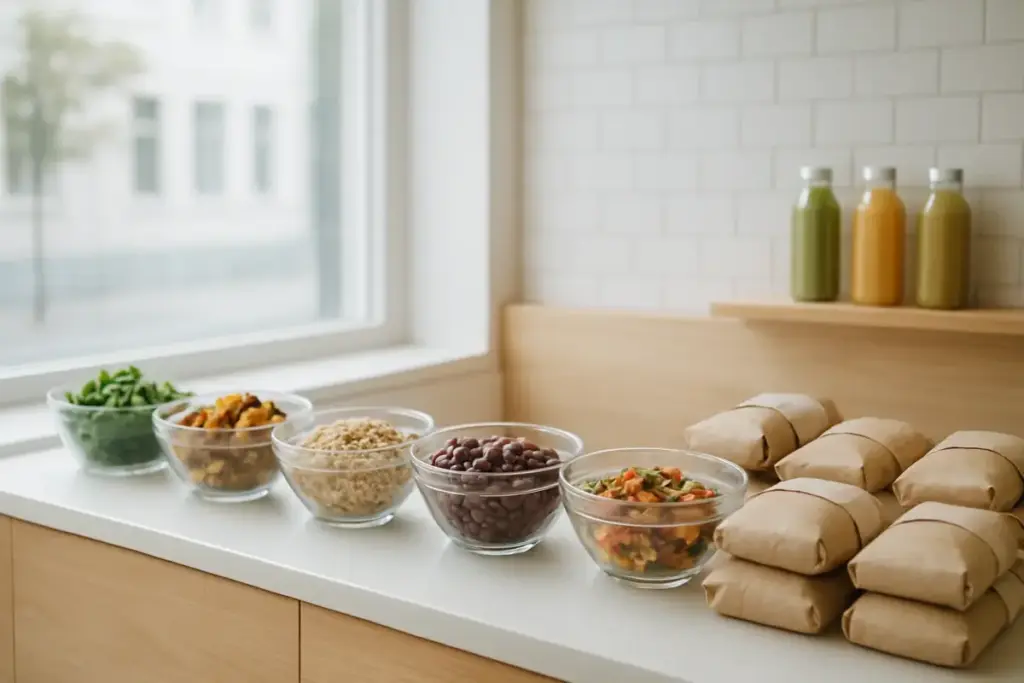 Salatbar med skåle af grøntsager, sandwich og juiceflasker bag en lys takeaway-disk