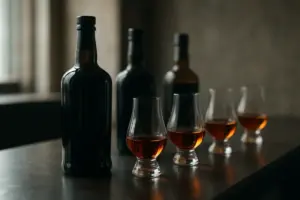 Mørke flasker med whisky og rom samt smagsglas med ravfarvet spiritus på en mørk bardisk