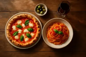 Pizza margherita, spaghetti med tomatsauce, oliven og et glas rødvin på et træbord set ovenfra