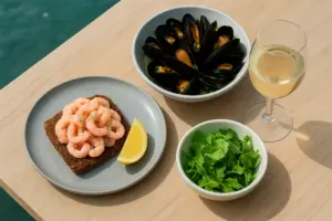 Rejer på rugbrød, blåmuslinger, citron, salat og et glas hvidvin på et lyst træbord set ovenfra