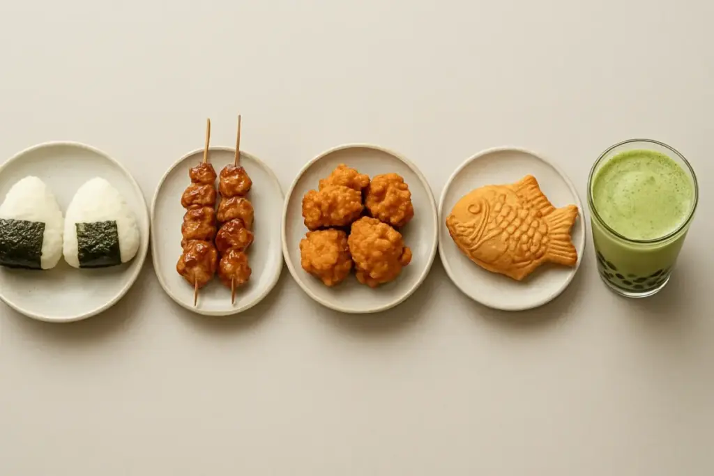 Japansk gadekøkken side om side: onigiri, yakitori, karaage, taiyaki og matcha bubble tea, set ovenfra