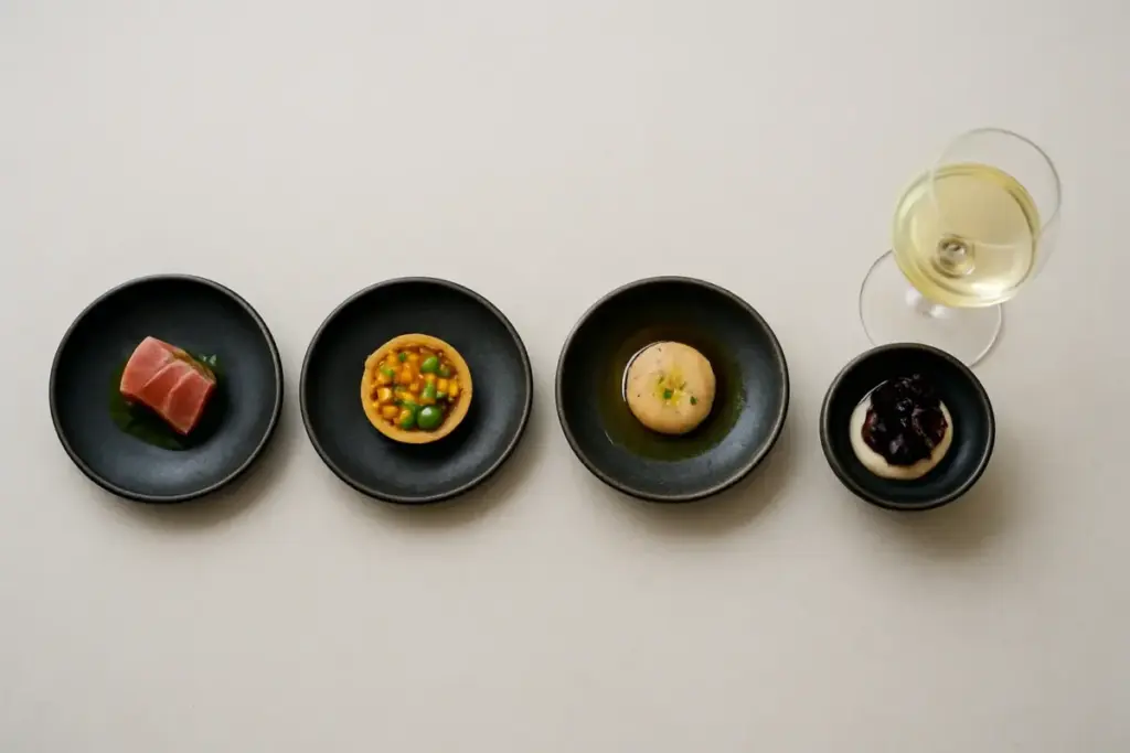 Små retter fra en smagsmenu med tun, en grøntsagstærte, kammusling og en dessert med bær, set ovenfra