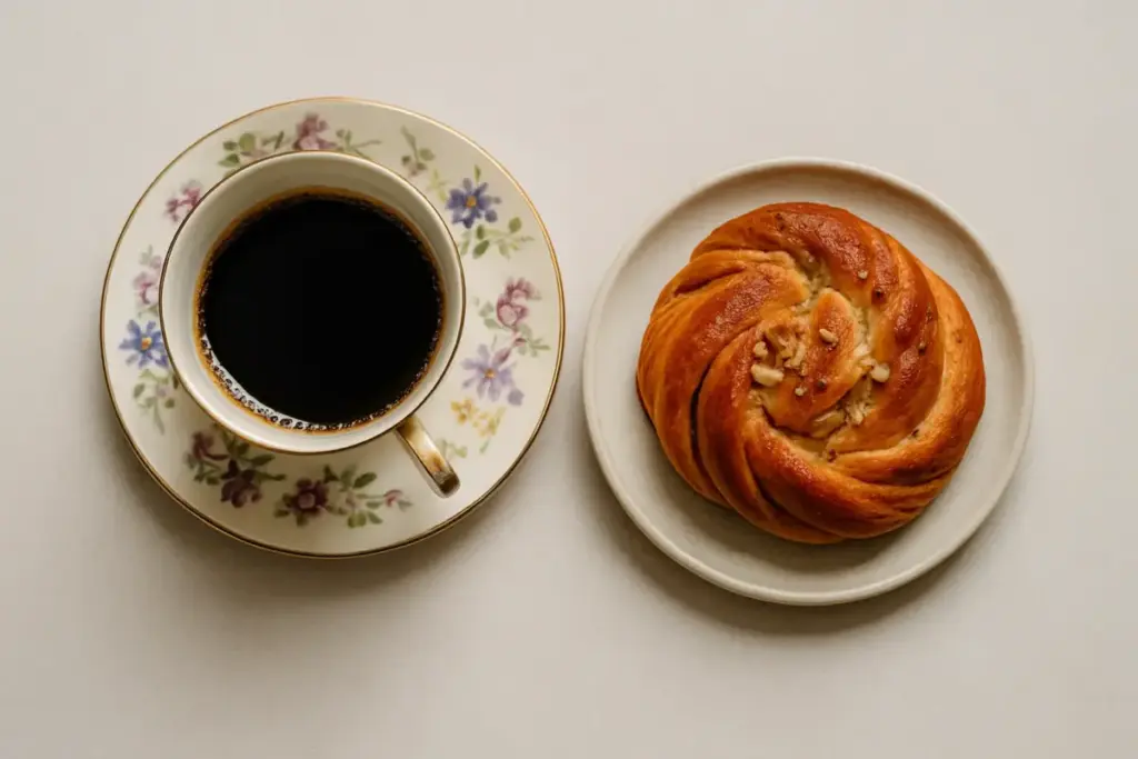 Kaffe i en gammel porcelænskop og en hjemmebagt bolle set ovenfra