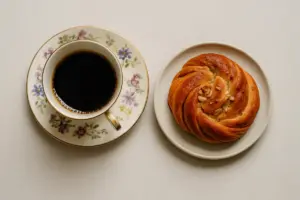 Kaffe i en gammel porcelænskop og en hjemmebagt bolle set ovenfra