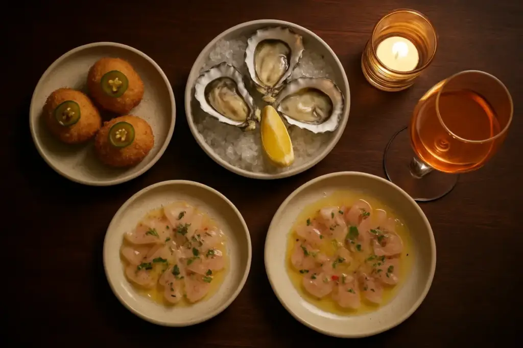 Små retter til deling: Croquetas med jalapeño, østers og fiskecrudo med et glas naturvin