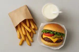 Cheeseburger, pommes frites og milkshake set ovenfra