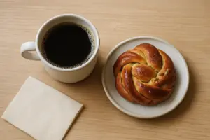 Kaffe og kardemommebolle på et cafébord