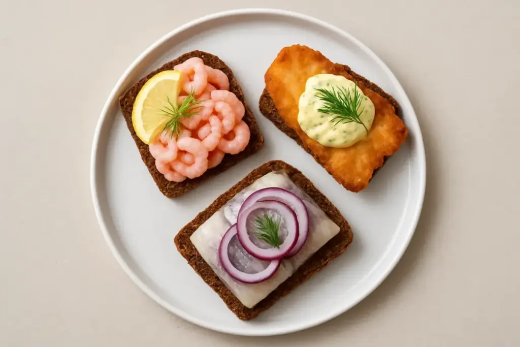 Smørrebrød med rejer, rødspættefilet og sild set ovenfra