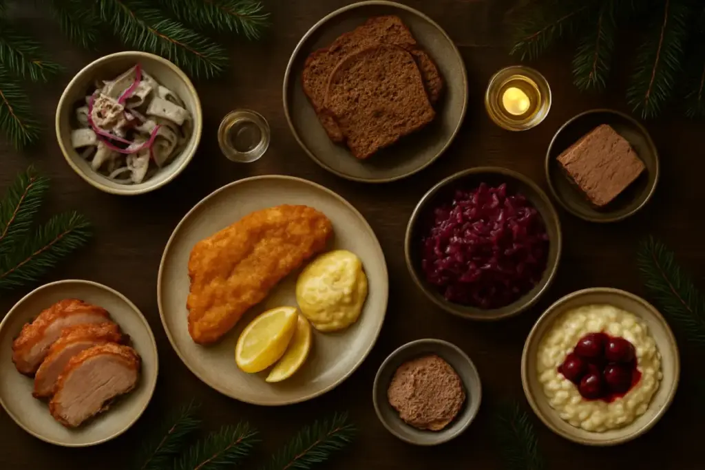 Dansk julefrokostbord med sild, rugbrød, fiskefilet, flæskesteg, rødkål, risalamande og snaps