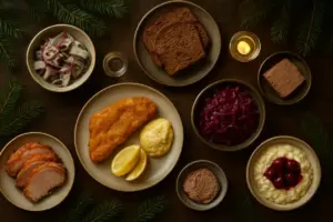 Dansk julefrokostbord med sild, rugbrød, fiskefilet, flæskesteg, rødkål, risalamande og snaps