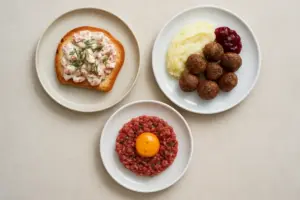 Toast skagen, köttbullar med tyttebær og tatar set ovenfra