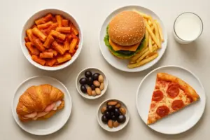 Pasta, burger, pizzaslice, croissant, oliven og et glas mælk set ovenfra