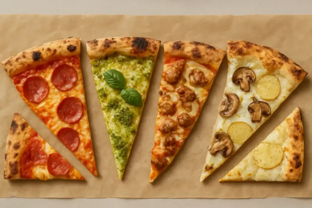 Seks pizzaslices med forskelligt fyld på bagepapir set ovenfra