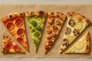 Seks pizzaslices med forskelligt fyld på bagepapir set ovenfra