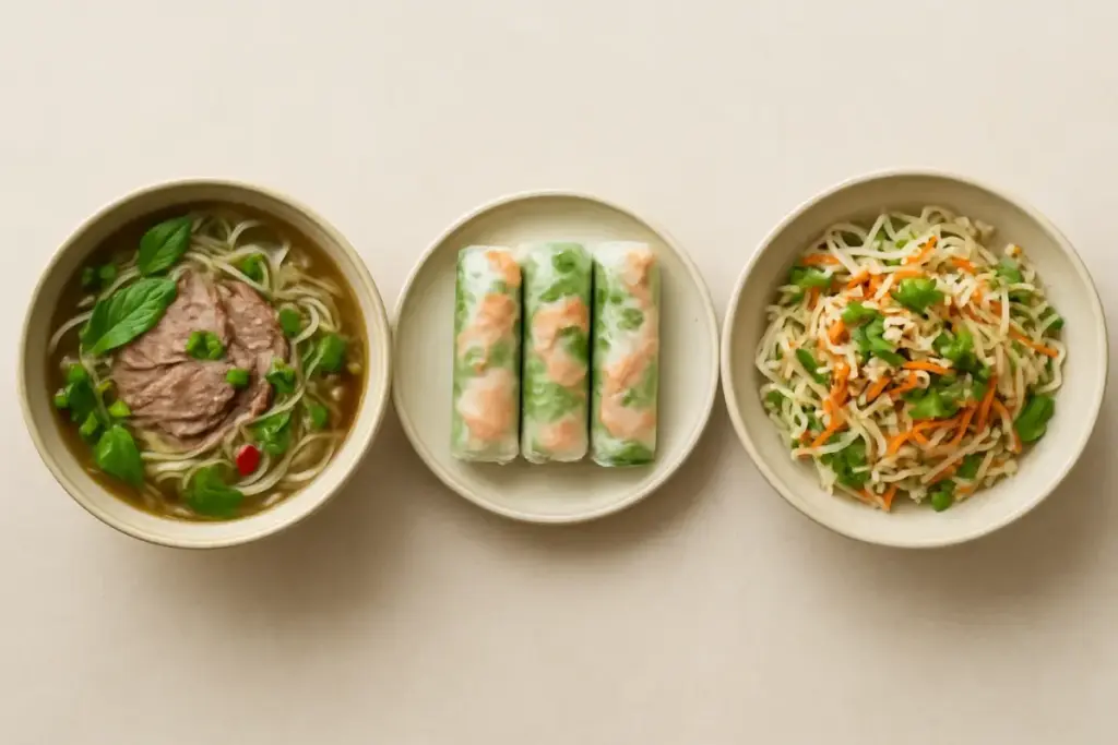 Vietnamesiske retter side om side: phở med risnudler og krydderurter, friske forårsruller og risnudelsalat, set ovenfra