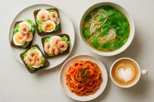 Smørrebrød, phở, pasta og en cappuccino set ovenfra